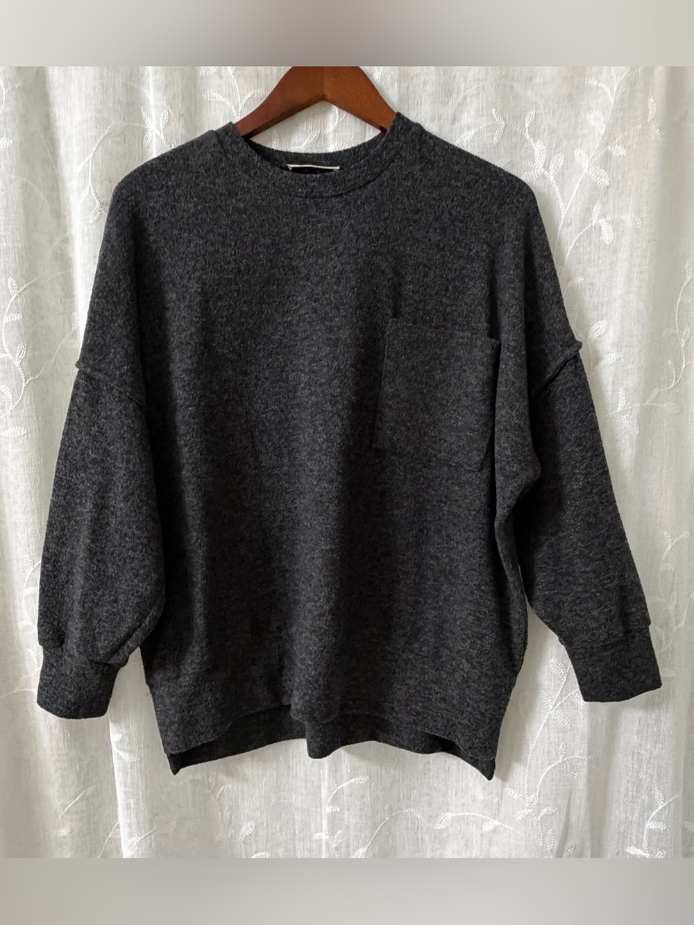 Zenana Outfitters Dark Charcoal Crew Neck Pocket Sweater M/L/S